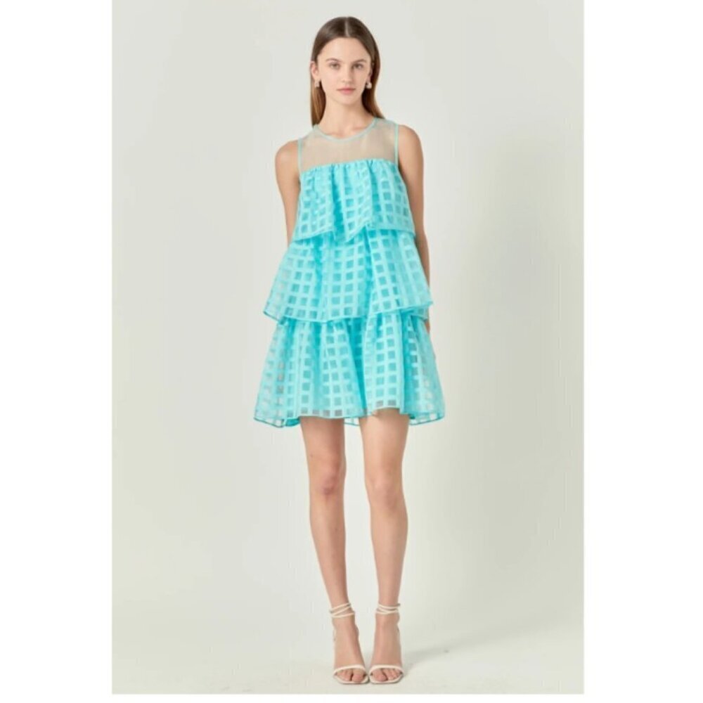English Factory Aqua Organza Gridded Tiered Sleeveless Mini Dress - Size XS
